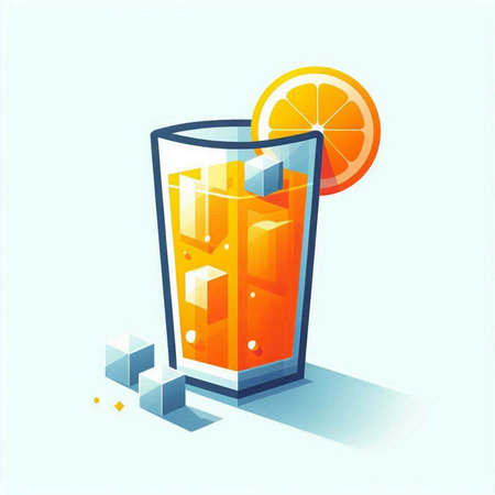 Orange juice in a glass with ice cubes and orange slice. Vector illustration.のイラスト素材
