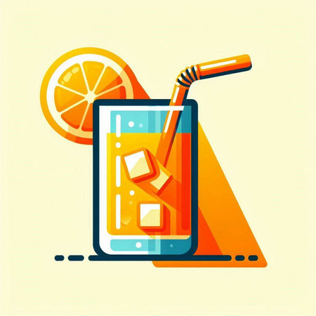 Orange juice with ice cubes and straw in a glass. Vector illustration.のイラスト素材