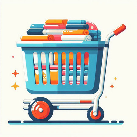Shopping cart full of books. Vector illustration in cartoon style.のイラスト素材