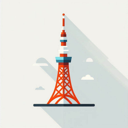 Tokyo tower with long shadow on a white background. Vector illustration.のイラスト素材