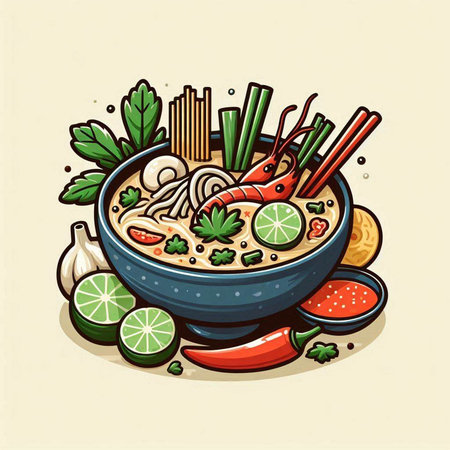 Bowl of noodle soup with chopsticks and vegetables. Vector illustration.のイラスト素材