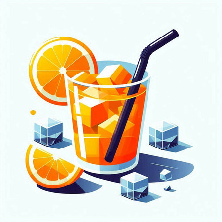 Cocktail with orange, ice cubes and straw. Vector illustration.のイラスト素材