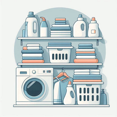 Laundry room with washing machine and detergents. Vector illustration.のイラスト素材