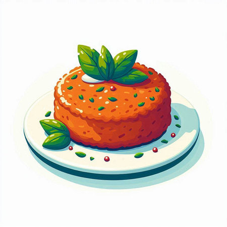 Illustration of a carrot cake on a plate with mint leaves.のイラスト素材