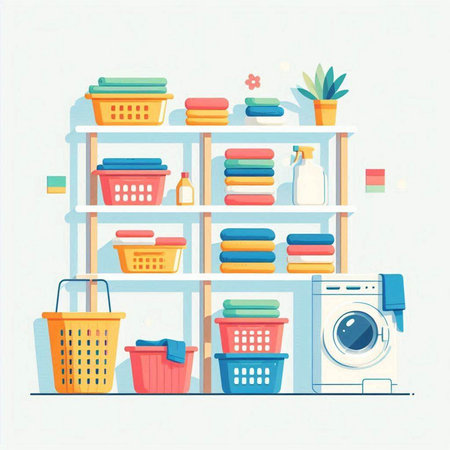 Laundry room with washing machine, baskets and cleaning supplies. Flat vector illustration.のイラスト素材