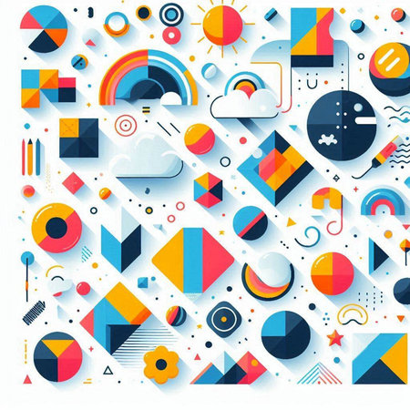Abstract colorful geometric background with different shapes and objects. Vector illustration.のイラスト素材
