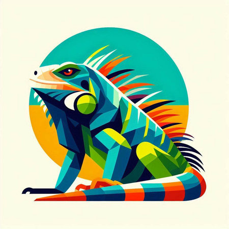 Vector illustration of a colorful iguana on the background of the sunのイラスト素材