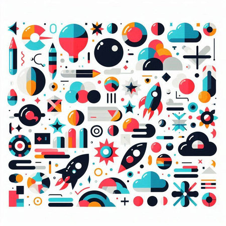 Colorful flat design illustration with rocket, clouds, stars and other elementsのイラスト素材