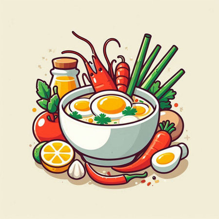 Illustration of soup with shrimp, egg and vegetables. Vector illustration.のイラスト素材