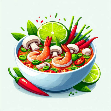 Vector illustration of a bowl of spicy soup with shrimp, mushrooms and vegetablesのイラスト素材