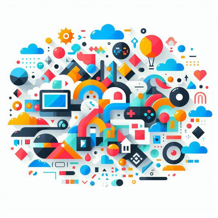 Abstract colorful background with technology and cloud computing symbols. Vector illustration.のイラスト素材