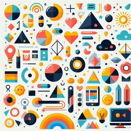 Abstract geometric pattern with different elements and shapes. Colorful flat vector illustration.のイラスト素材