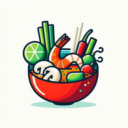 Illustration of a japanese bowl with shrimps and vegetablesのイラスト素材