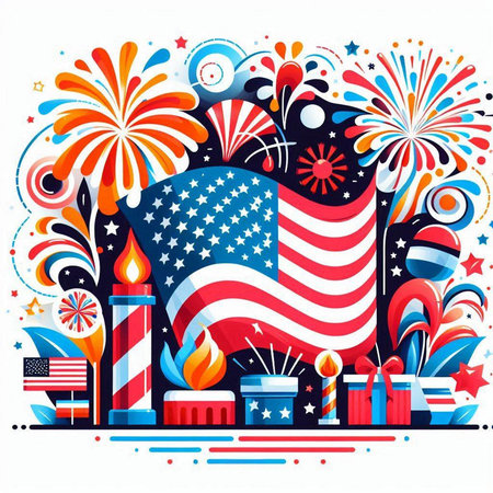 Vector illustration of USA Independence Day celebration with fireworks and gift boxes.のイラスト素材
