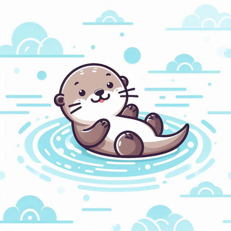 Cute baby otter floating on the water. Vector illustration.のイラスト素材