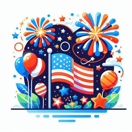 Vector illustration of United States of America Independence Day celebration with fireworks, balloons and stars.のイラスト素材