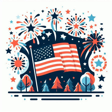 American flag with fireworks and trees. Vector illustration in flat style.のイラスト素材