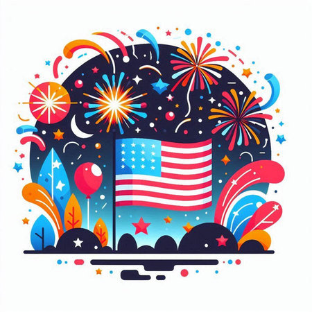 American flag on the background of the night sky with fireworks. Vector illustrationのイラスト素材