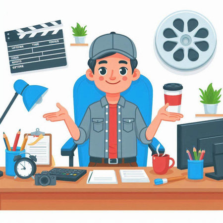 Cinema director sitting at his desk. Cartoon vector illustration.のイラスト素材