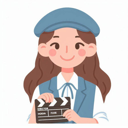 Illustration of a woman wearing a cap holding a clapperboardのイラスト素材