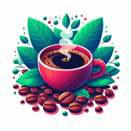 Coffee cup with coffee beans and leaves. Vector illustration.のイラスト素材
