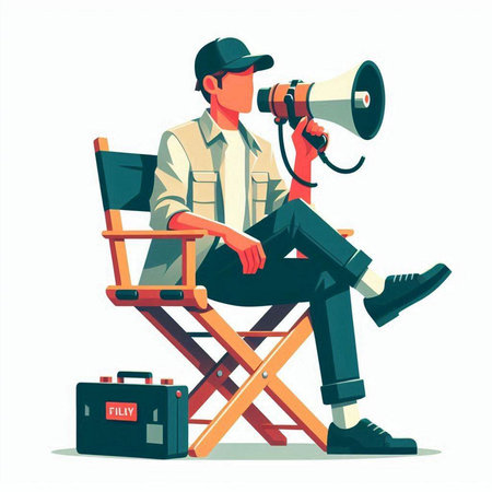 Man with megaphone sitting on director chair. Vector illustration.のイラスト素材