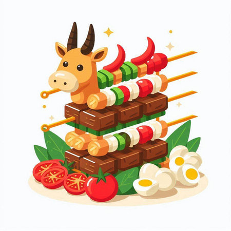Illustration of a Cute Goat on a skewer with vegetablesのイラスト素材