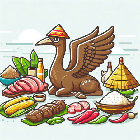 Illustration of a bird on the background of the sea and foodのイラスト素材