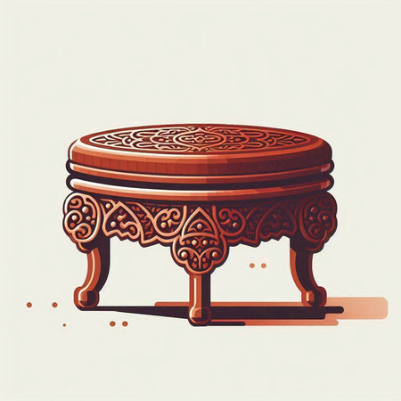 Vector illustration of a wooden round table with carved pattern in retro style.のイラスト素材