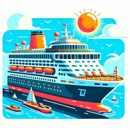 Cruise ship on the sea. Vector illustration in flat style.のイラスト素材