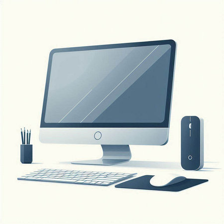 Vector illustration of a desktop computer with keyboard, mouse and pencilsのイラスト素材