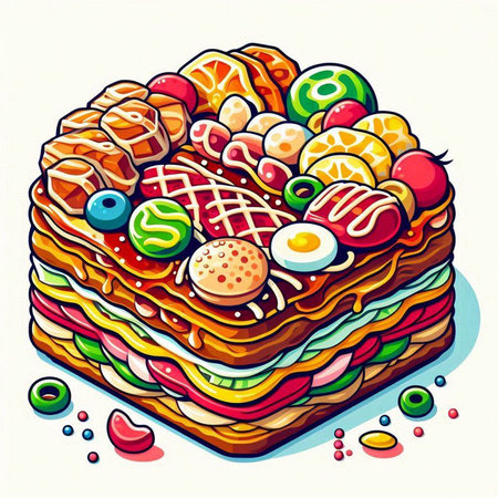 Colorful vector illustration of a layered cake with different fillings.のイラスト素材