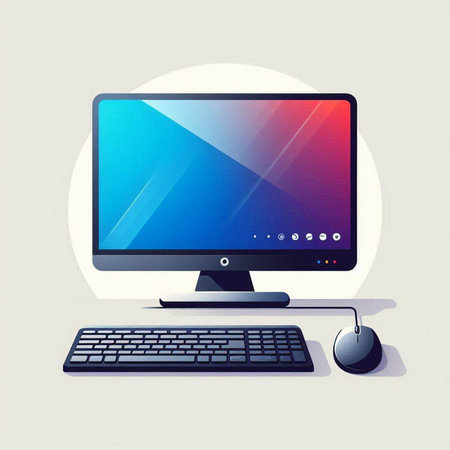 Computer monitor with keyboard and mouse on white background. Vector illustration.のイラスト素材