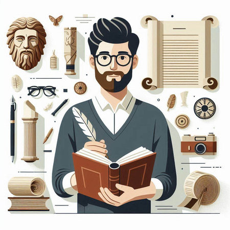 Hipster man with a book in his hands. Vector illustration.のイラスト素材