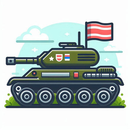 Cartoon tank on the background of the flag of Russia. Vector illustrationのイラスト素材
