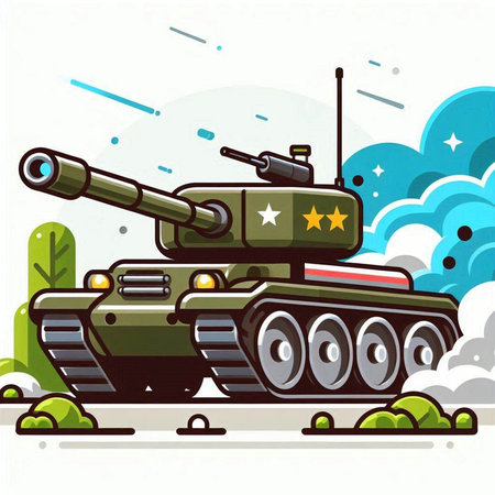 Cartoon tank on the background of the sky. Vector illustration.のイラスト素材