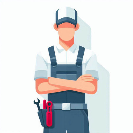 Worker in overalls and cap with a wrench. Vector illustration.のイラスト素材