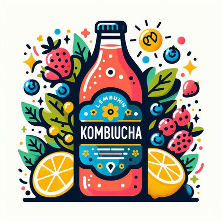 Vector illustration of a bottle of kombucha with fruits and berries.のイラスト素材