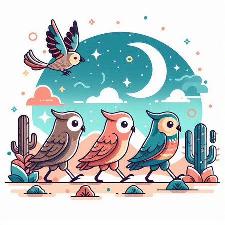 Colorful vector illustration with cute cartoon owls and cactuses.のイラスト素材