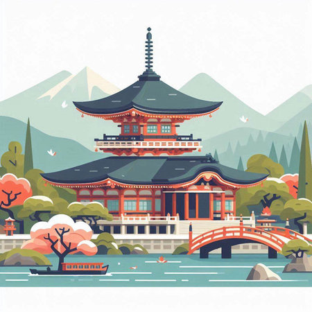 Japanese temple in the middle of the lake. Vector Illustration.のイラスト素材