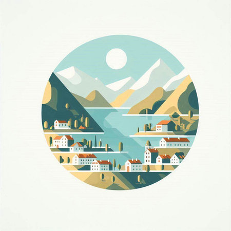 Landscape with mountains and houses in the circle. Vector illustration.のイラスト素材