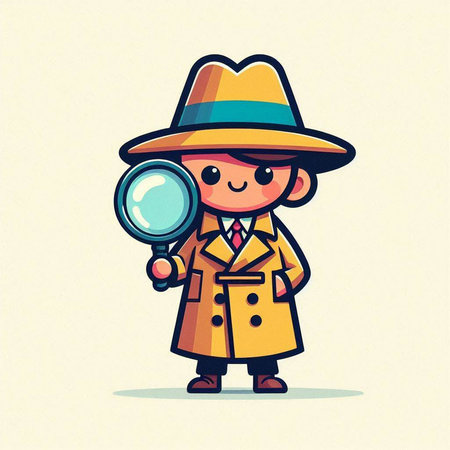 Cartoon detective with magnifying glass. Vector illustration of detective.のイラスト素材