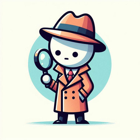 Cartoon detective with magnifying glass in hand. Vector illustration.のイラスト素材