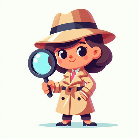 Cute little detective girl in hat and coat with magnifying glass. Vector illustrationのイラスト素材