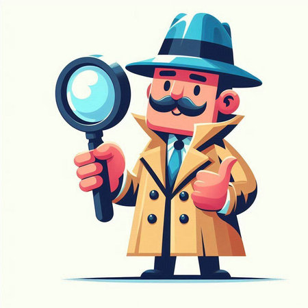 Cartoon detective with magnifying glass and mustache. Vector illustration.のイラスト素材