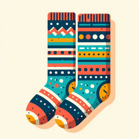 Illustration of a pair of socks with colorful patterns. Vector illustration.のイラスト素材