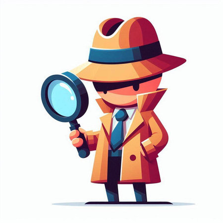 Cartoon detective with magnifying glass. Vector illustration in flat designのイラスト素材