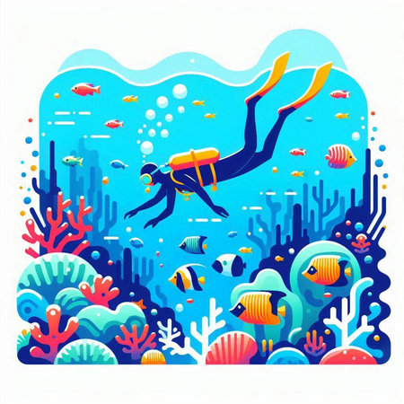 Scuba diving underwater with corals and fishes. Vector illustration.のイラスト素材