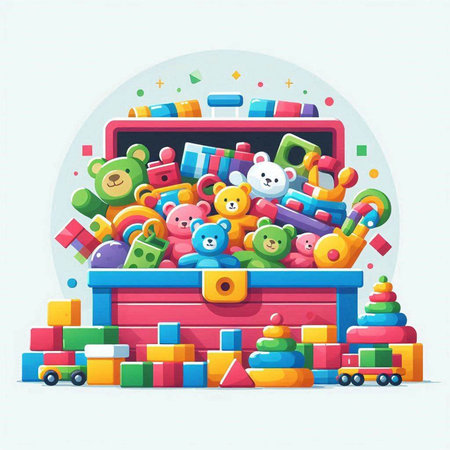 Colorful vector illustration of a children's toy box with toys.のイラスト素材