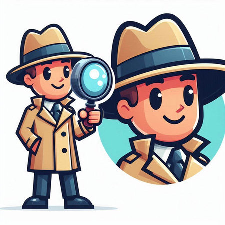 Cartoon detective in hat and coat with magnifying glass. Vector illustration.のイラスト素材
